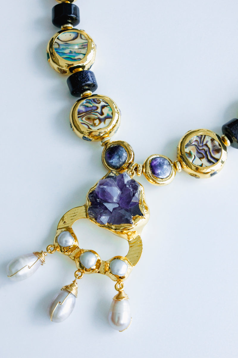 Amethyst Statement Necklace with Sunstone, Mother of Pearl