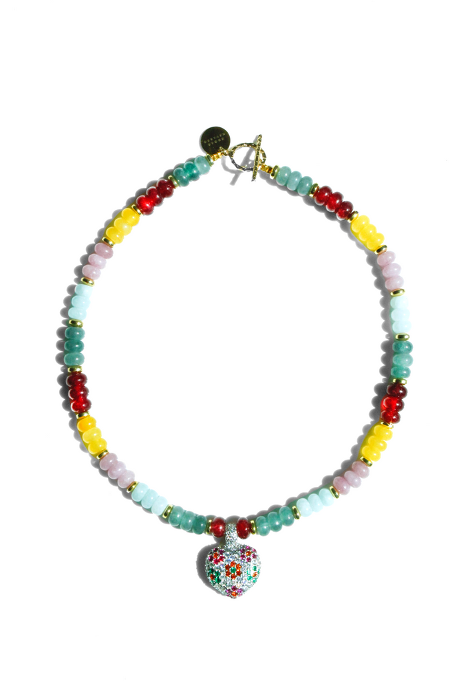 Handmade multicolor gemstone necklace with sterling silver heart pendant by Edgar Navarro Jewelry