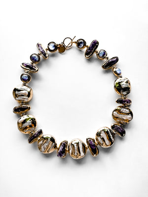 Gold Plated Pearl and Amethyst Necklace with Freeform Mother of Pearl Fragments - Navarro Official