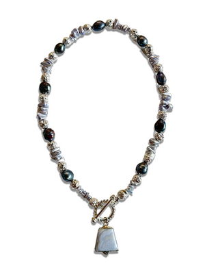 Blue Lace Agate Sterling Silver necklace with Freeform Mother of Pearl Beads