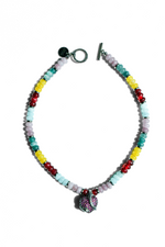 Multicolor gemstone beaded necklace with sterling silver heart pendant and gold T-bar clasp by Edgar Navarro Jewelry