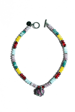 Multicolor gemstone beaded necklace with sterling silver heart pendant and gold T-bar clasp by Edgar Navarro Jewelry