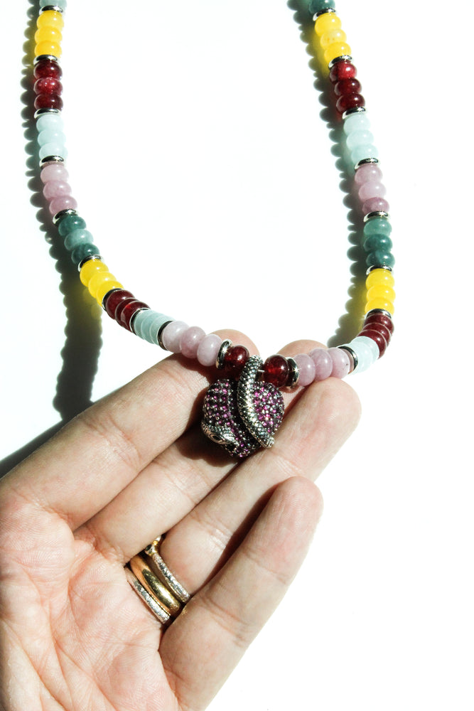 16-inch beaded necklace featuring jade, aquamarine, rose quartz, and sterling silver heart centerpiece